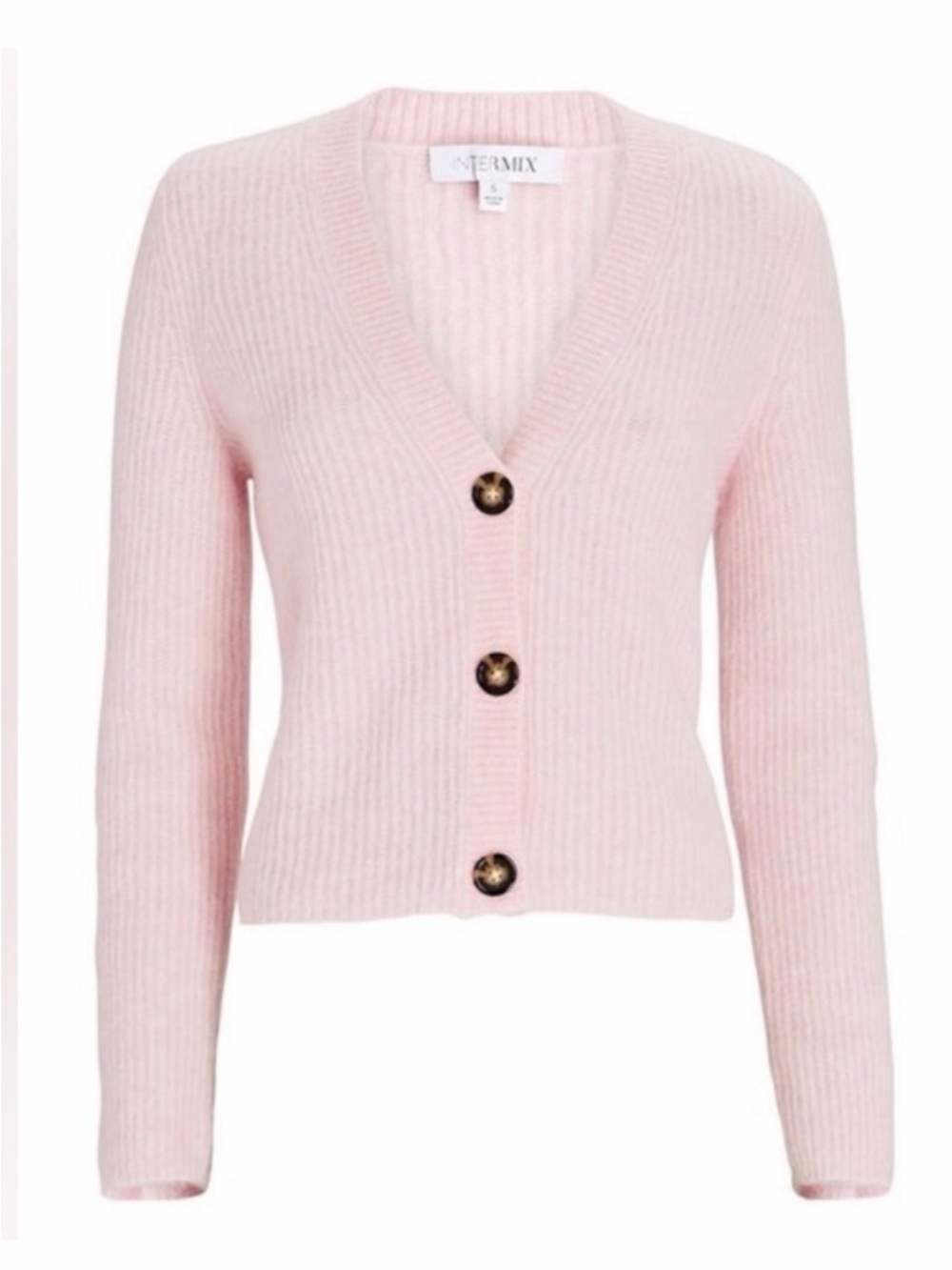 INTERMIX Pale Pink Cropped Ribbed V-Neck Button Cardigan